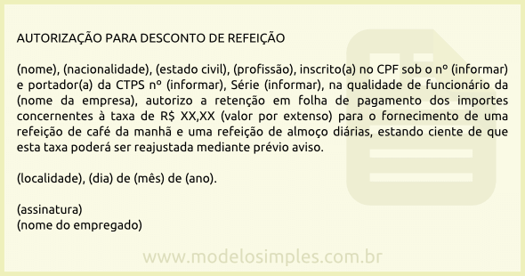 Modelo de Autorização para Desconto de Refeição