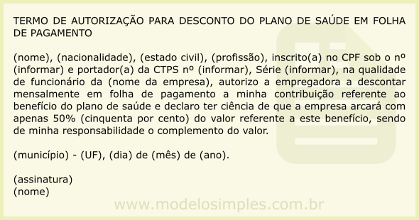 Modelo de Autorização para Desconto em Folha do Plano de Saúde