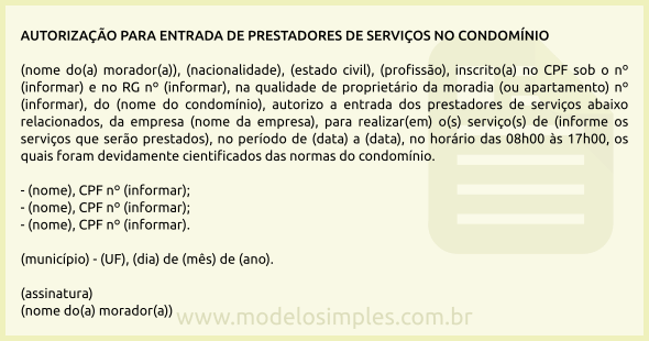 Modelo de Autorização para Entrada de Prestadores de Serviços no Condomínio