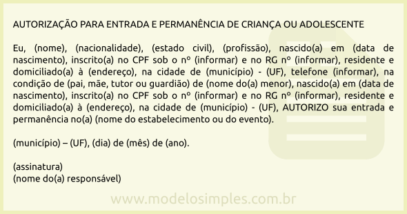 Modelo de Autorização para Entrada e Permanência de Menor em Boate