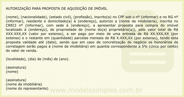 Modelo de Autorização para Imobiliária Apresentar Proposta para Aquisição de Imóvel