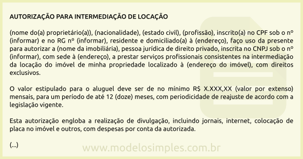 Modelo de Autorização para Intermediação de Locação