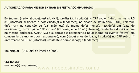 Modelo de Autorização para Menor entrar em Festa Acompanhado