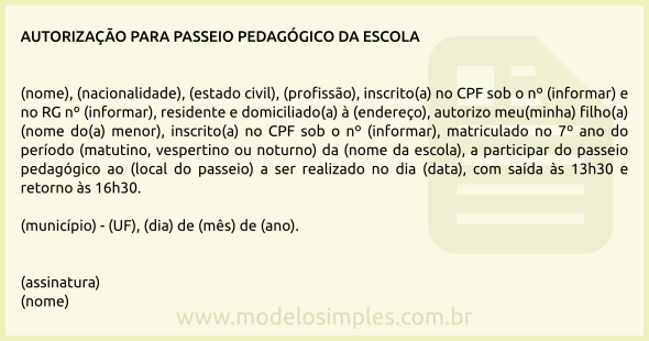 Modelo de Autorização para Passeio Pedagógico da Escola