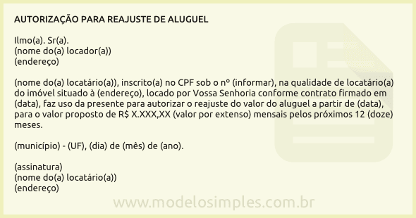 Modelo de Autorização para Reajuste de Aluguel