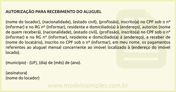 Modelo de Autorização para Recebimento de Aluguel