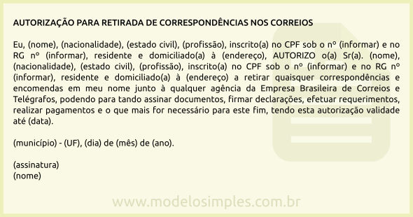 Modelo de Autorização para Retirar Correspondências nos Correios