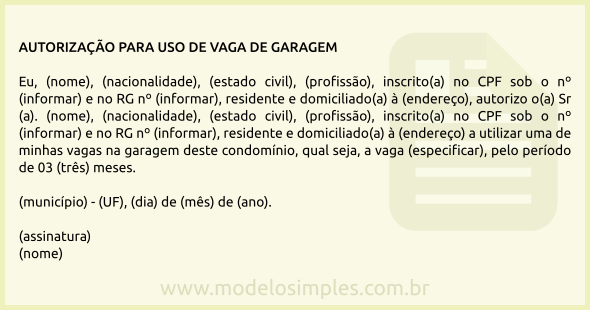 Modelo de Autorização para Uso de Vaga de Garagem