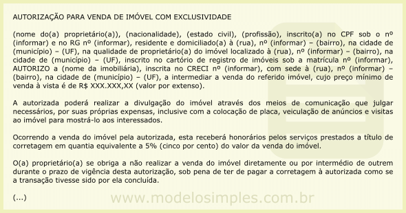 Modelo de Autorização para Venda de Imóvel com Exclusividade