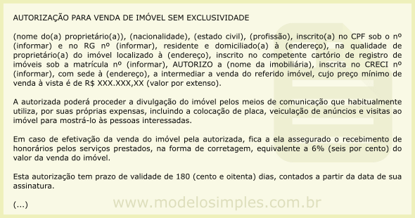 Modelo de Autorização para Venda de Imóvel sem Exclusividade