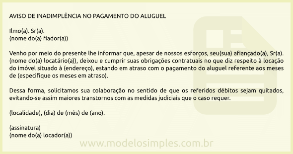 Modelo de Aviso ao Fiador sobre Atraso no Aluguel