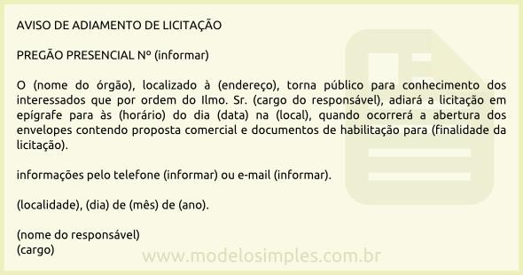 Modelo de Aviso de Adiamento de Licitação