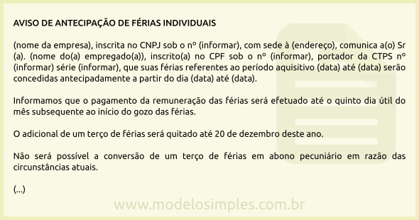 Modelo de Aviso de Antecipação de Férias Individuais