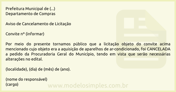 Modelo de Aviso de Cancelamento de Licitação