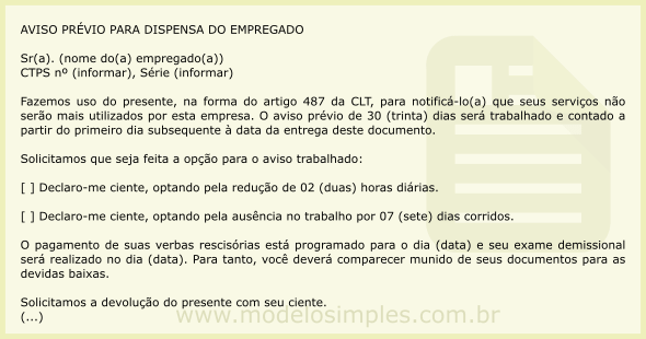 Modelo de Aviso de Demissão Sem Justa Causa