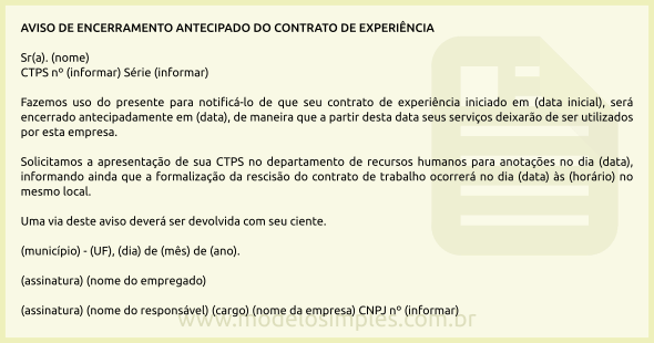 Modelo de Aviso de Encerramento Antecipado do Contrato de Experiência