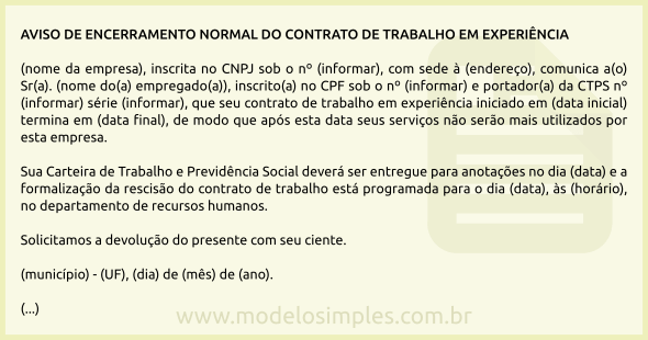 Modelo de Aviso de Encerramento Normal do Contrato de Experiência