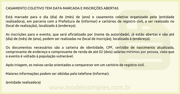 Modelo de Aviso de Inscrição para Casamento Coletivo