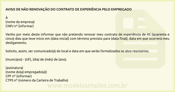 Modelo de Aviso de Não Renovação do Contrato de Experiência pelo Empregado