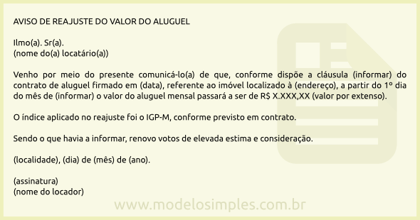 Modelo de Carta de Aviso de Reajuste do Valor do Aluguel