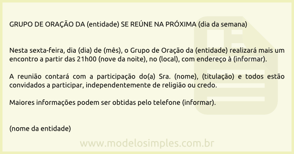 Modelo de Aviso de Reunião de Grupo de Oração