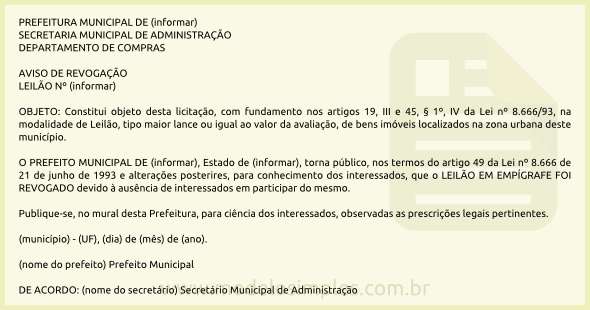 Modelo de Aviso de Revogação de Licitação