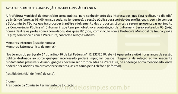 Modelo de Aviso de Sorteio e Composição da Subcomissão técnica