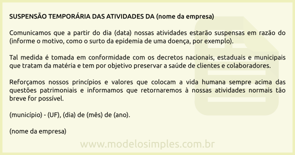 Modelo de Aviso de Suspensão Temporária das Atividades da Empresa