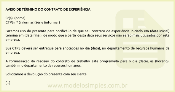 Modelo de Aviso de Término do Contrato de Experiência