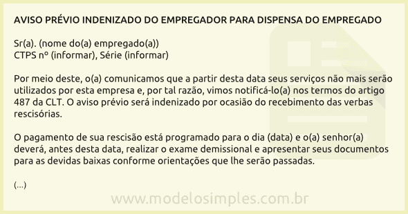 Modelo de Aviso Prévio Indenizado para Dispensa do Empregado