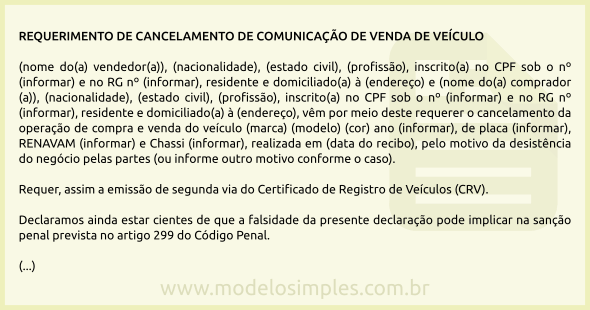 Modelo de Cancelamento de Comunicação de Venda de Veículo