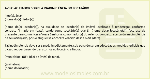 Modelo de Carta ao Fiador Comunicando Inadimplência do Locatário