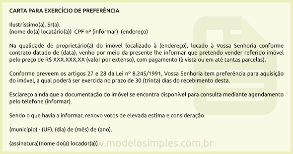 Modelo de Carta ao Locatário para Preferência na Compra do 