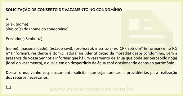 Modelo de Carta ao Síndico Solicitando Conserto de Vazamento no Condomínio