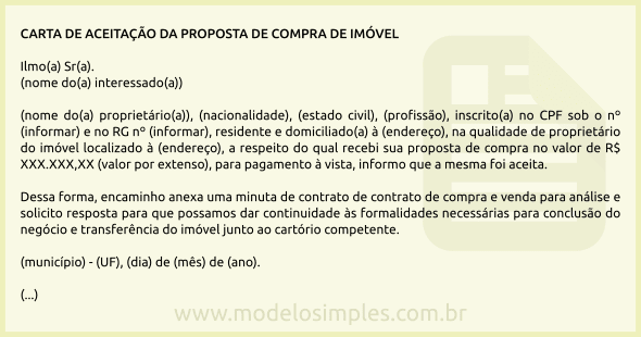 Modelo de Carta de Aceitação da Proposta para Compra de Imóvel