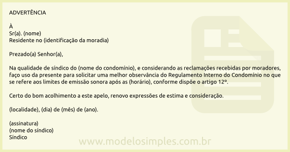 Modelo de Carta de Advertência ao Condômino