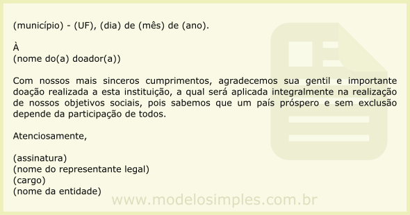 Modelo de Carta de Agradecimento por Doação