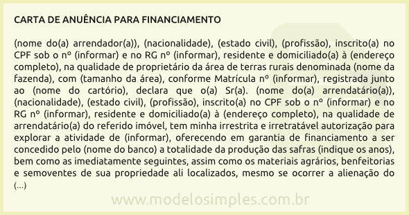 Modelo de Carta de Anuência do Arrendador ao Arrendatário para Financiamento