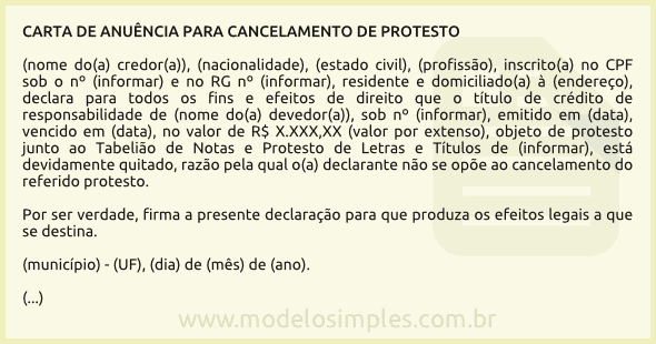 Modelo de Carta de Anuência para Cancelamento de Protesto