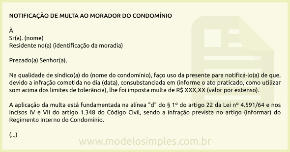 Modelo de Carta de Aplicação de Multa ao Morador do Condômino