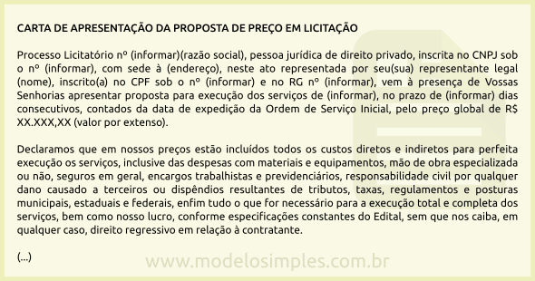 Modelo de Carta de Apresentação de Proposta de Preço em Licitação