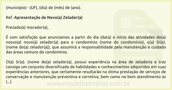 Modelo de Carta de Apresentação do Novo Zelador do Condomínio