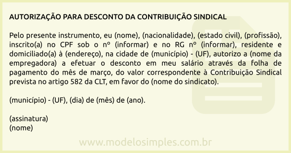 Modelo de Carta de Autorização para Desconto da Contribuição Sindical