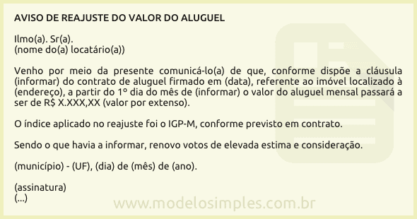 Modelo de Carta de Aviso de Reajuste do Valor do Aluguel