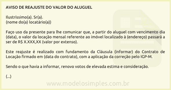 Modelo de Carta de Aviso do Novo Valor do Aluguel