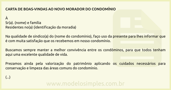 Modelo de Carta de Boas-Vindas ao Novo Morador do Condomínio