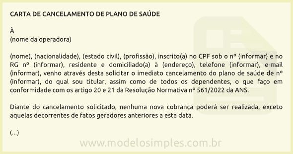 Modelo de Carta de Cancelamento de Plano de Saúde