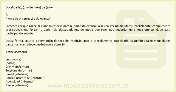 Modelo de Carta de Cancelamento de Reserva em Evento