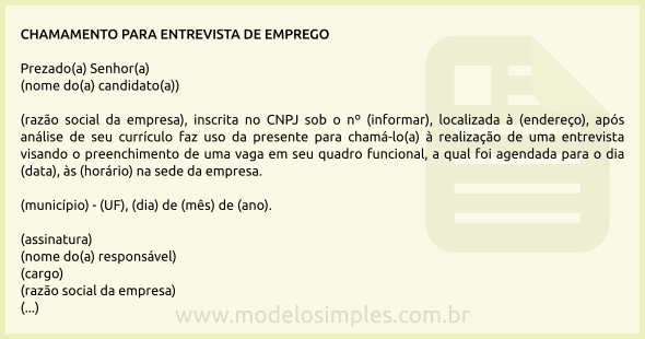 Modelo de Carta de Chamamento do Candidato para Entrevista de Emprego