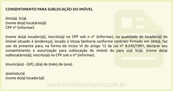 Modelo de Carta de Consentimento do Locador para Sublocação do Imóvel